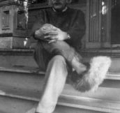 Rare picture of Einstein in fuzzy slippers.