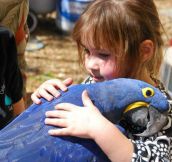 A young girl hugging a bird…