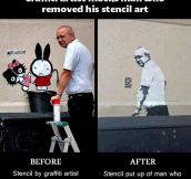 Graffiti artist mocks grumpy man…