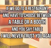 Choosing between a table or a booth…