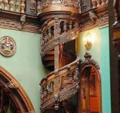 Amazing wood carved spiral staircase…