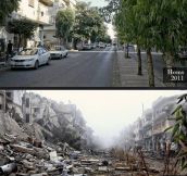 The same street in Homs, Syria in 2011 and 2013…