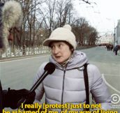 Jason Jones talks to a Russian woman protesting…