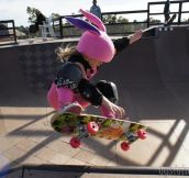 Just a 7-Year-Old Skateboarder in a Pink Bunny Costume!
