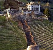 Here’s a boulder that rolled through a house in Italy.
