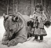 Bear And A Child In Russia