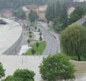 Flood wall in Austria holding back water.