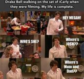 Drake Bell walking on the set of iCarly…
