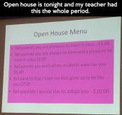 Open House menu….