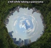Rolling down a hill while taking a panorama…