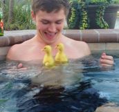 In the hot tub with two cute chicks…