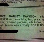 Harley for sale in local paper…