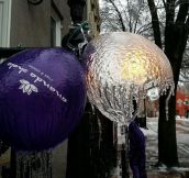 A balloon popped and left its ice shell during Winter Storm Nika…