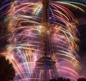 Eiffel Tower Lit By Fireworks