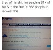 Kid is sick of his dad being an asshole, gives away the $94 million in his Paypal account