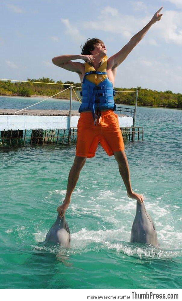 Standing on dolphins' mouths and doing the Usain Bolt sign.