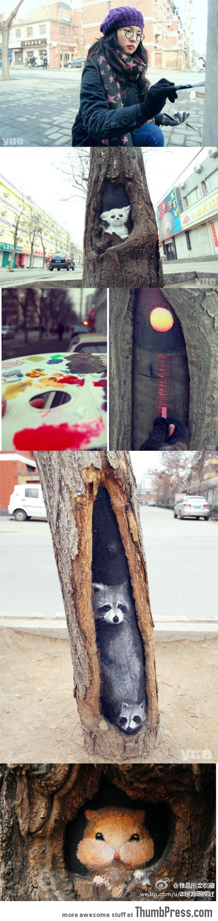 Talent girl turns tree holes into lovely views with her paintbrush