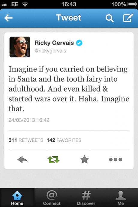 The best Ricky Gervais tweet I've seen (just take it as humour)
