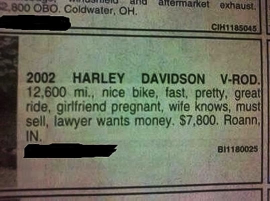 Harley for sale in local paper…