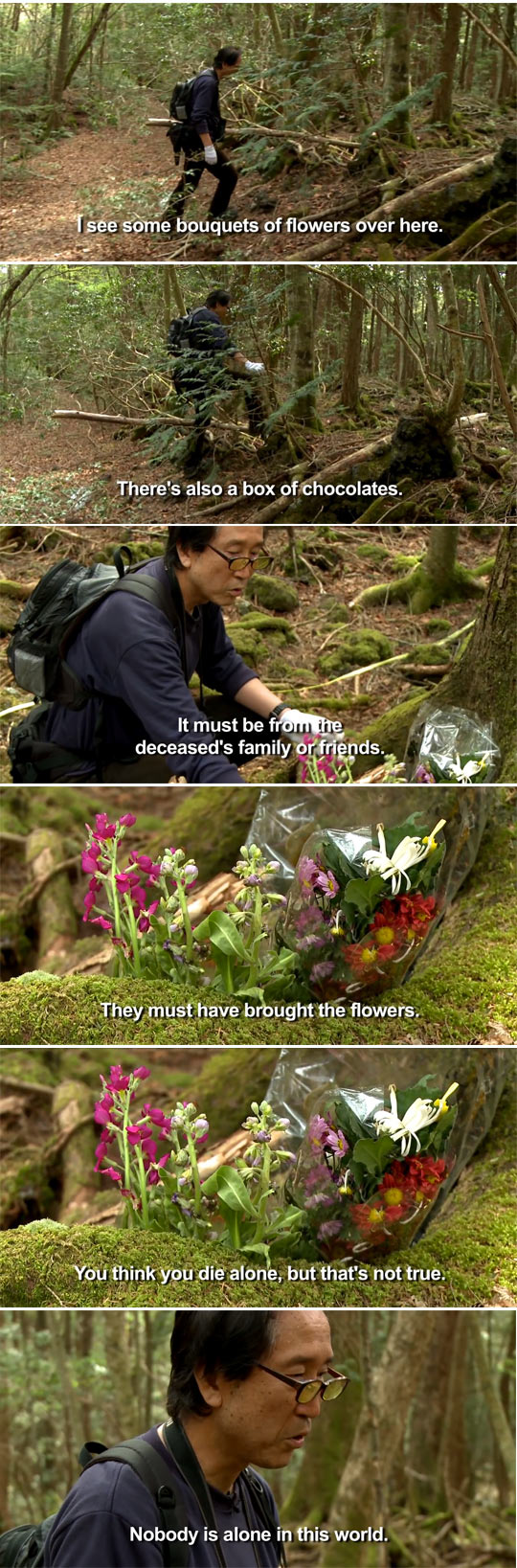funny-man-exploring-forest-flowers-alone