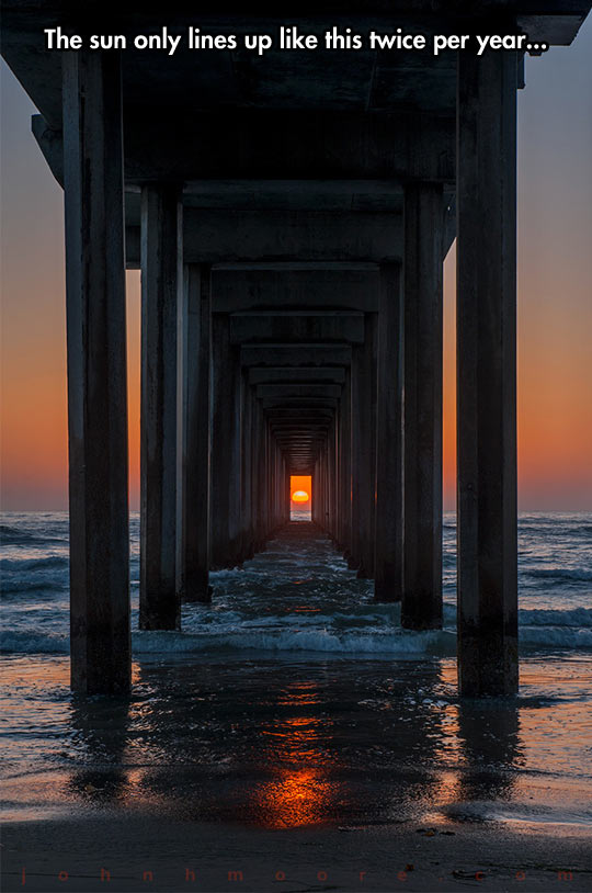 Scripps Pier in La Jolla, California only lines up twice a year…