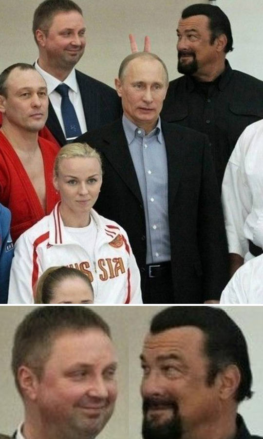 Stephen Seagal Gives Vladimir Putin Bunny Ears