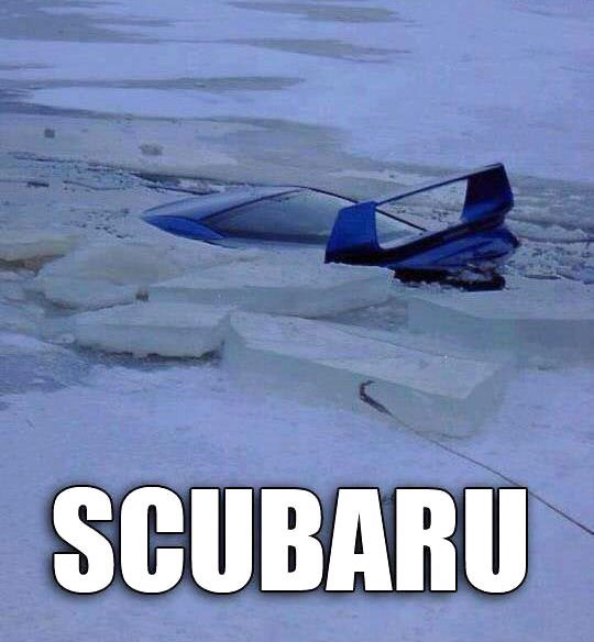 funny-sunken-Subaru-frozen-lake
