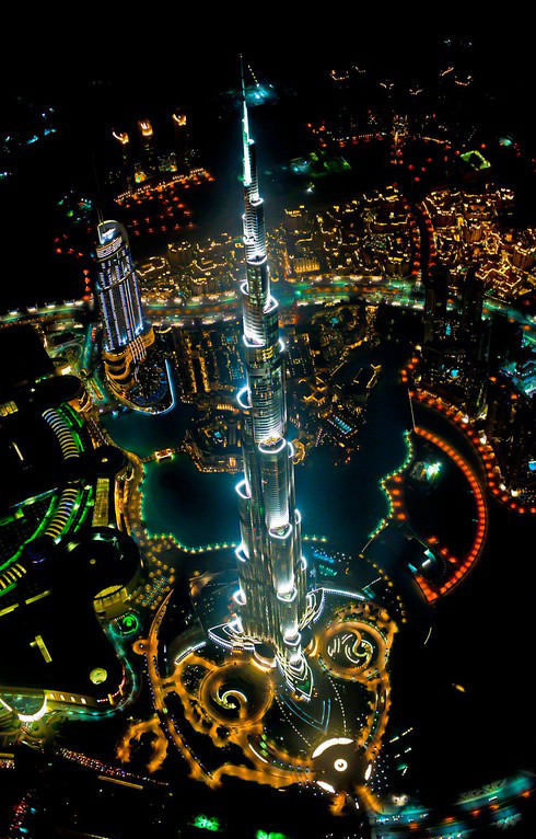 Tallest building in the world, from a helicopter, at night…