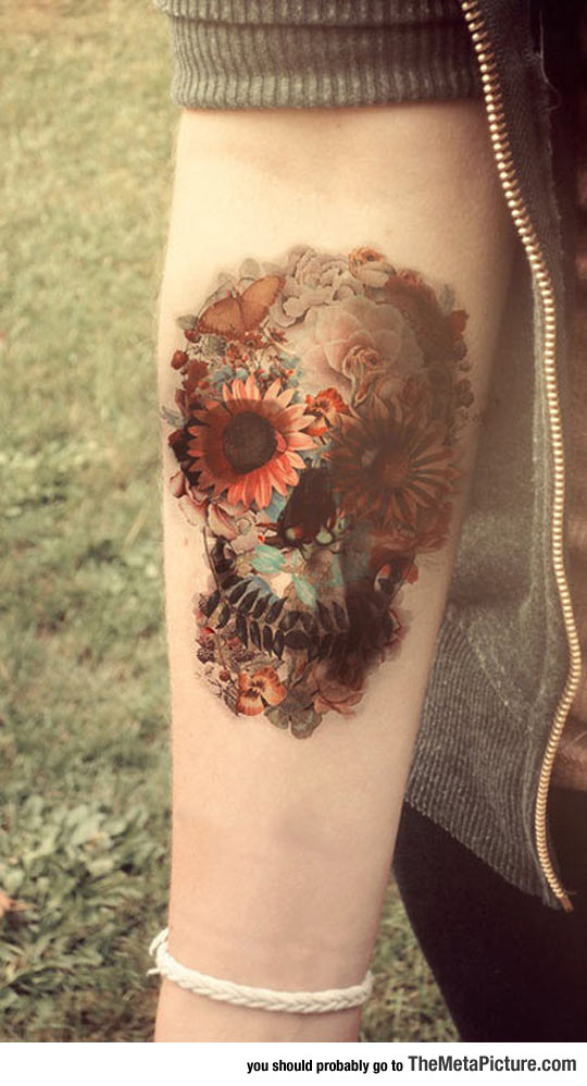 cool-skull-flowers-tattoo-realistic
