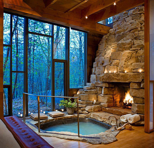 Perfect Indoor Jacuzzi And Fireplace