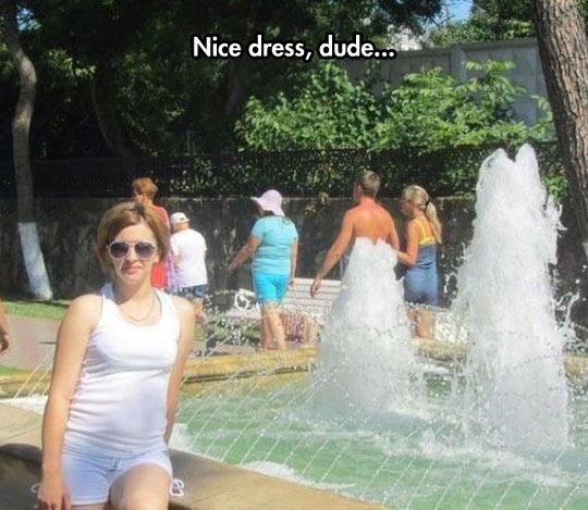 cool-dress-water-fountain-perfect-timing