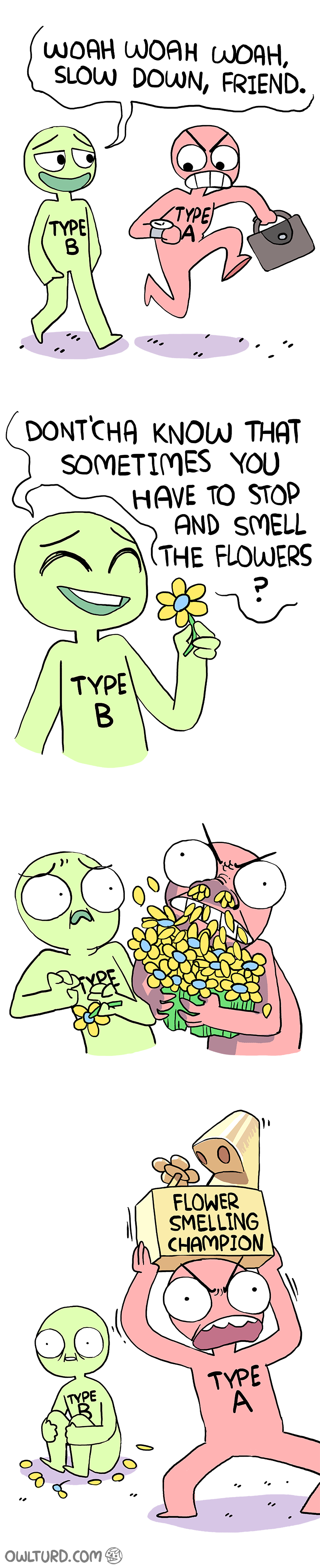 A and B smell the flowers